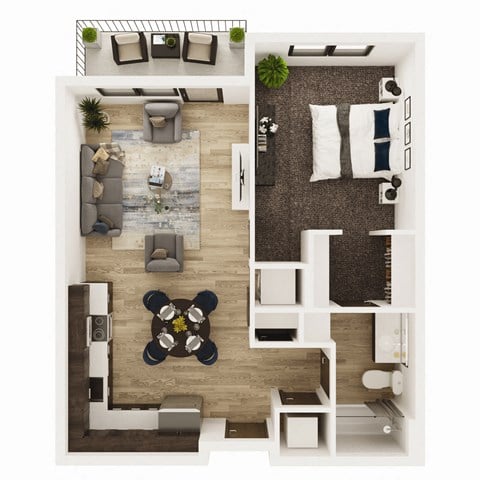 Floor plan for 1 bed, 1 bath, 634 sqft